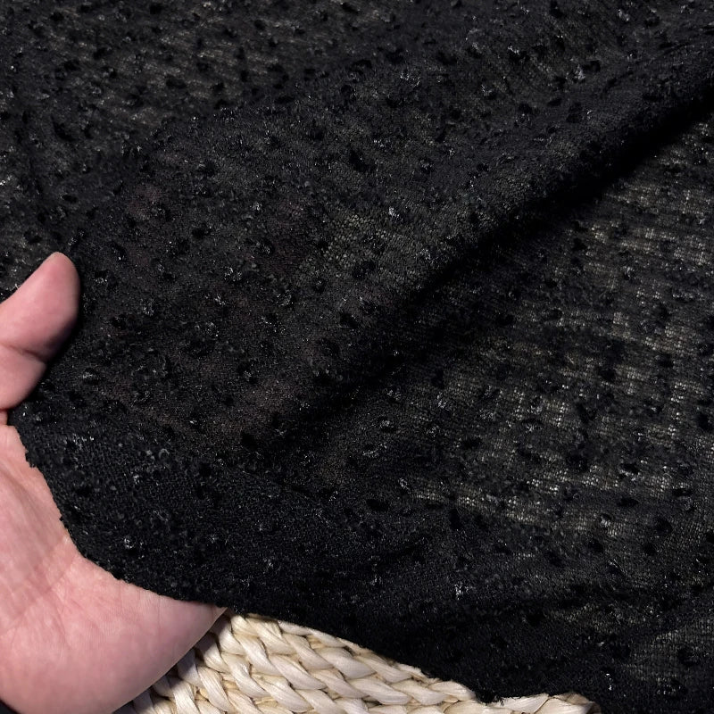 Black Semi Sheer Stretch Knit Fabric with 3D Jacquard Beading for Womens Dresses Shirts and Designer Apparel Sewing DIY Fabrics
